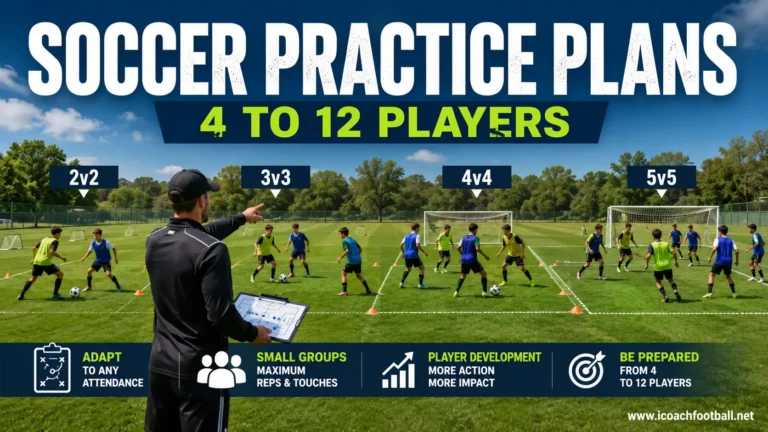 Soccer coach organizing small-group practice plans for teams of four to 12 players.