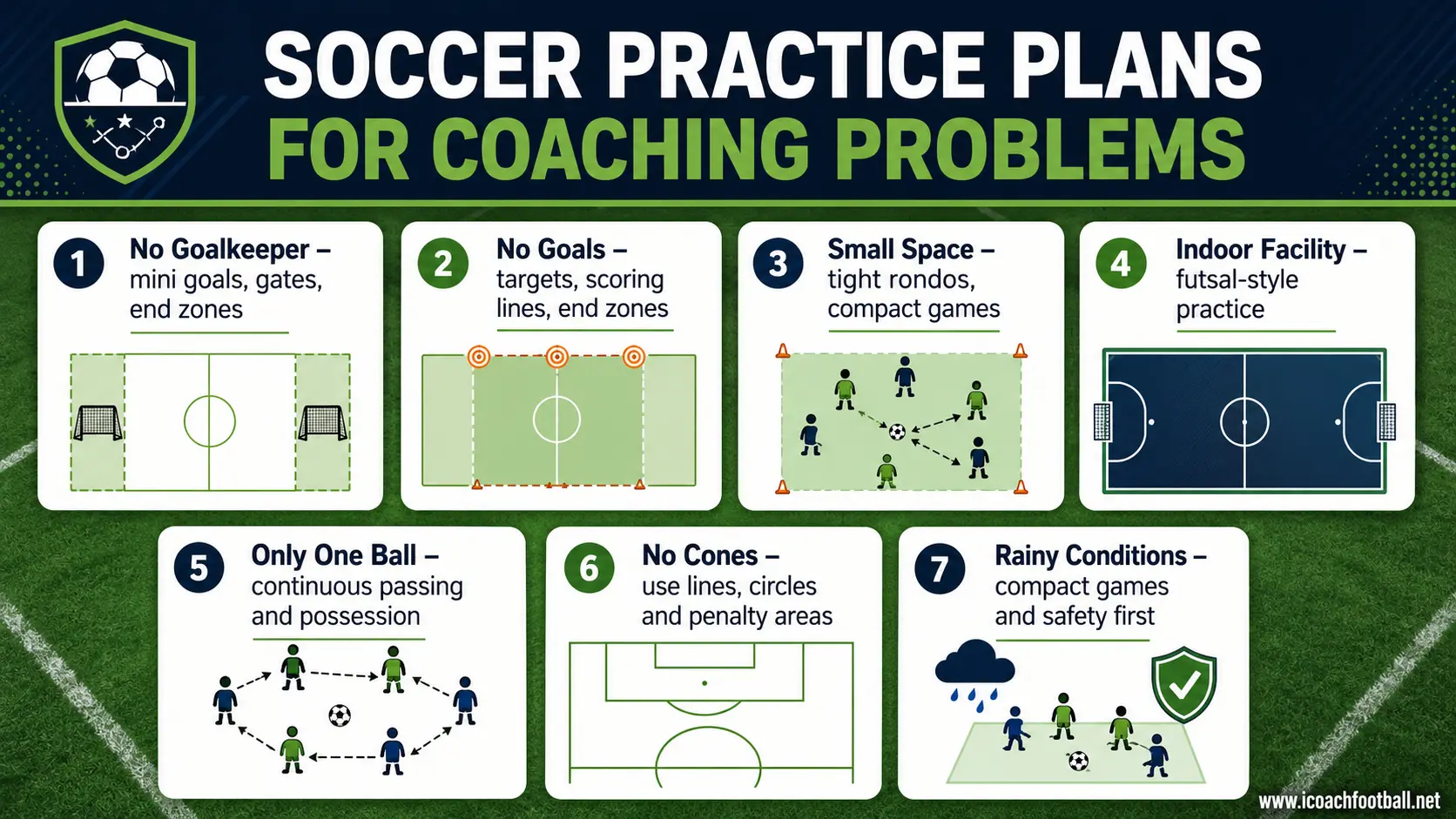 Soccer Practice Plans for Coaching Problems Soccer coaching guide showing practice plans for limited equipment, small spaces, indoor training and rainy conditions.