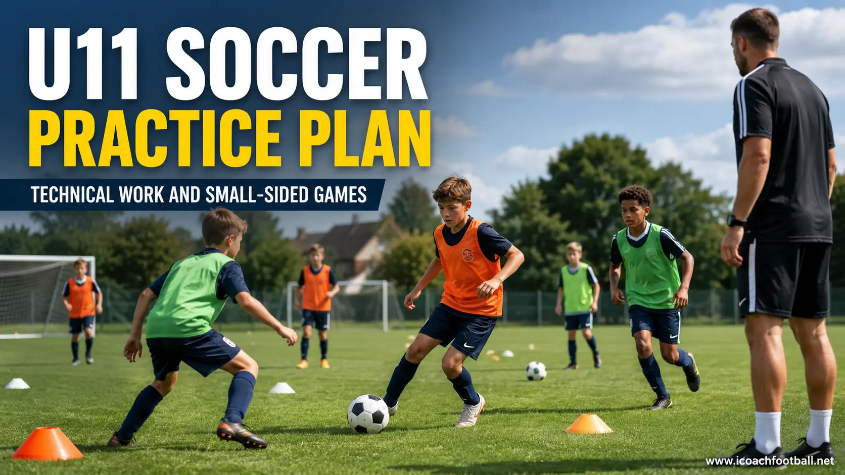 U11 soccer players completing technical passing, rondos, overloads, pressing and small-sided games.