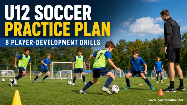 U12 Soccer Practice Plan: 8 Drills for Player Development 21 U12 soccer players completing a development session with scanning, combinations, positional possession and transitions.
