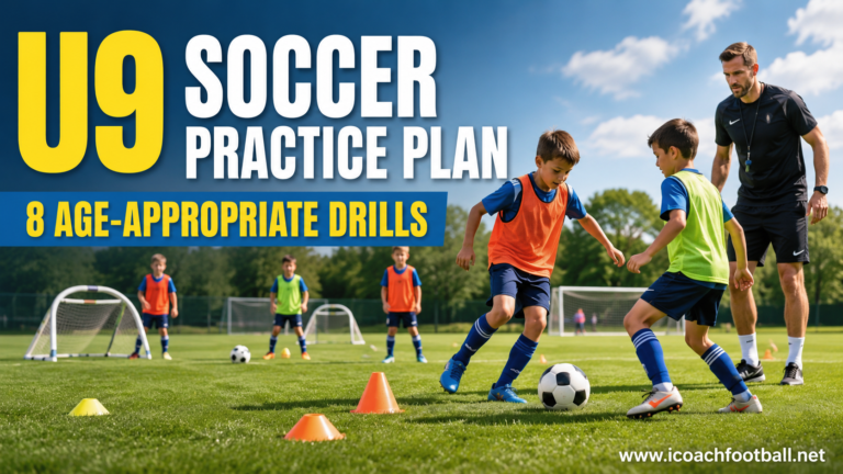 U9 Soccer Practice Plan: 8 Age-Appropriate Drills 1 U9 soccer players completing a structured practice with scanning, passing, rondos, overloads and small-sided games.