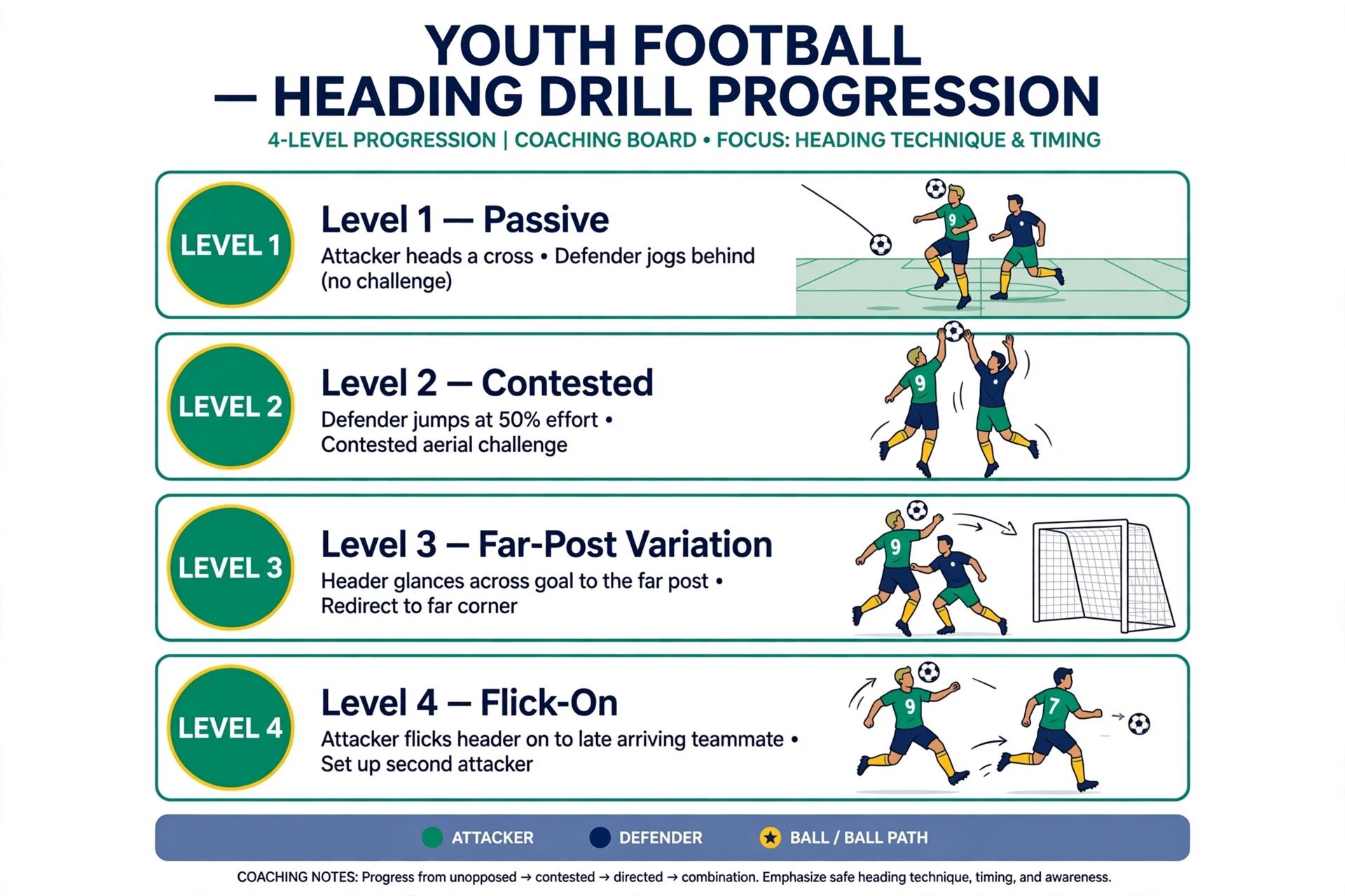 Near-Post Run heading drill progressions from passive to contested to far-post to flick-on